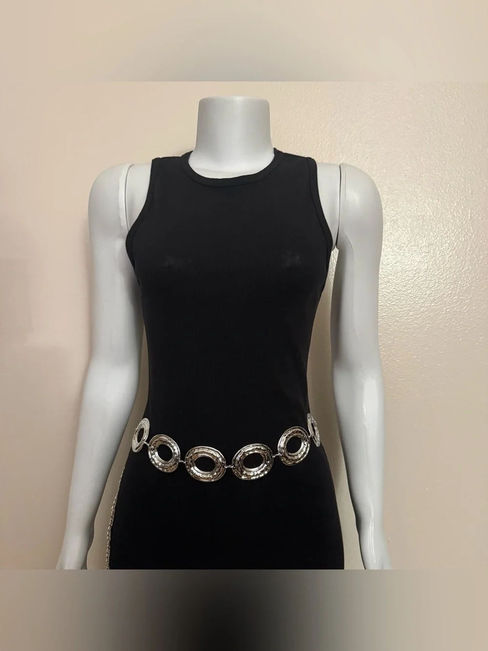 Silver tone metallic disc chain belt
